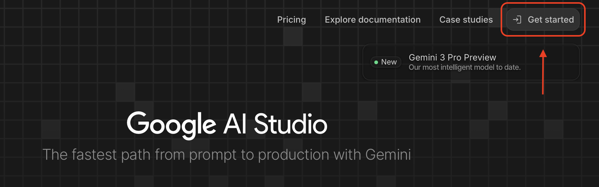 Google AI Studio homepage with Get started button